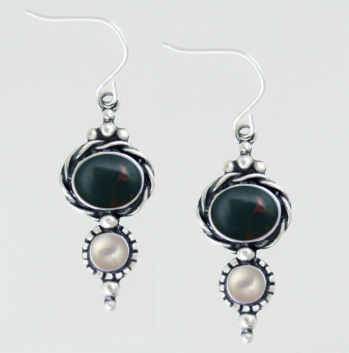 Sterling Silver Drop Dangle Earrings With Bloodstone And Cultured Freshwater Pearl